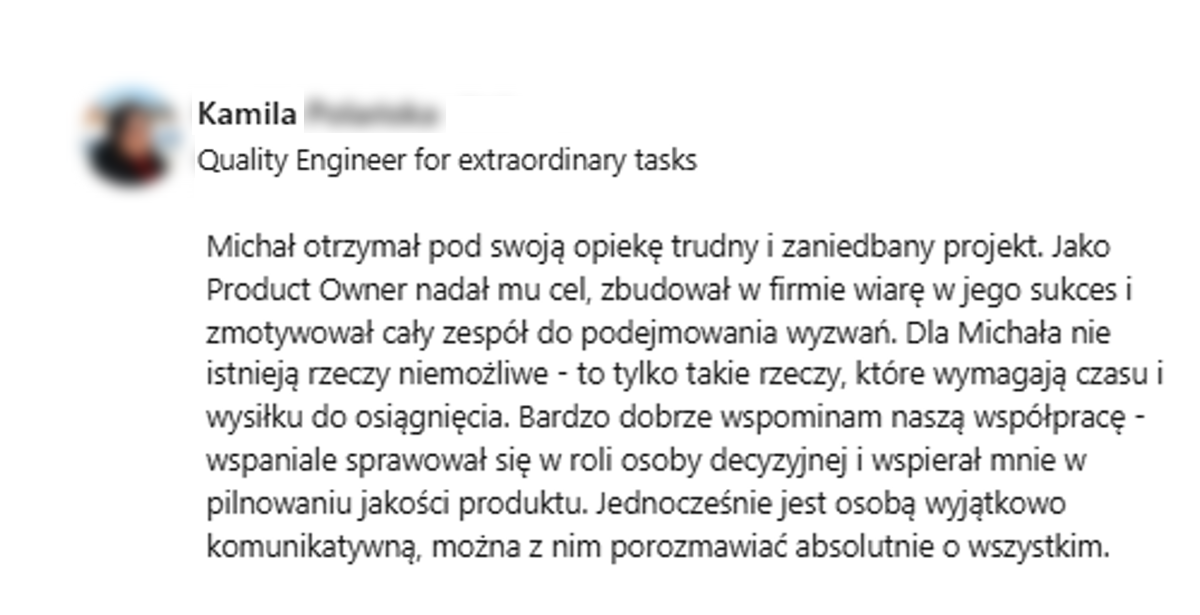 Opinia o Michał Kuriata - Quality Engineer